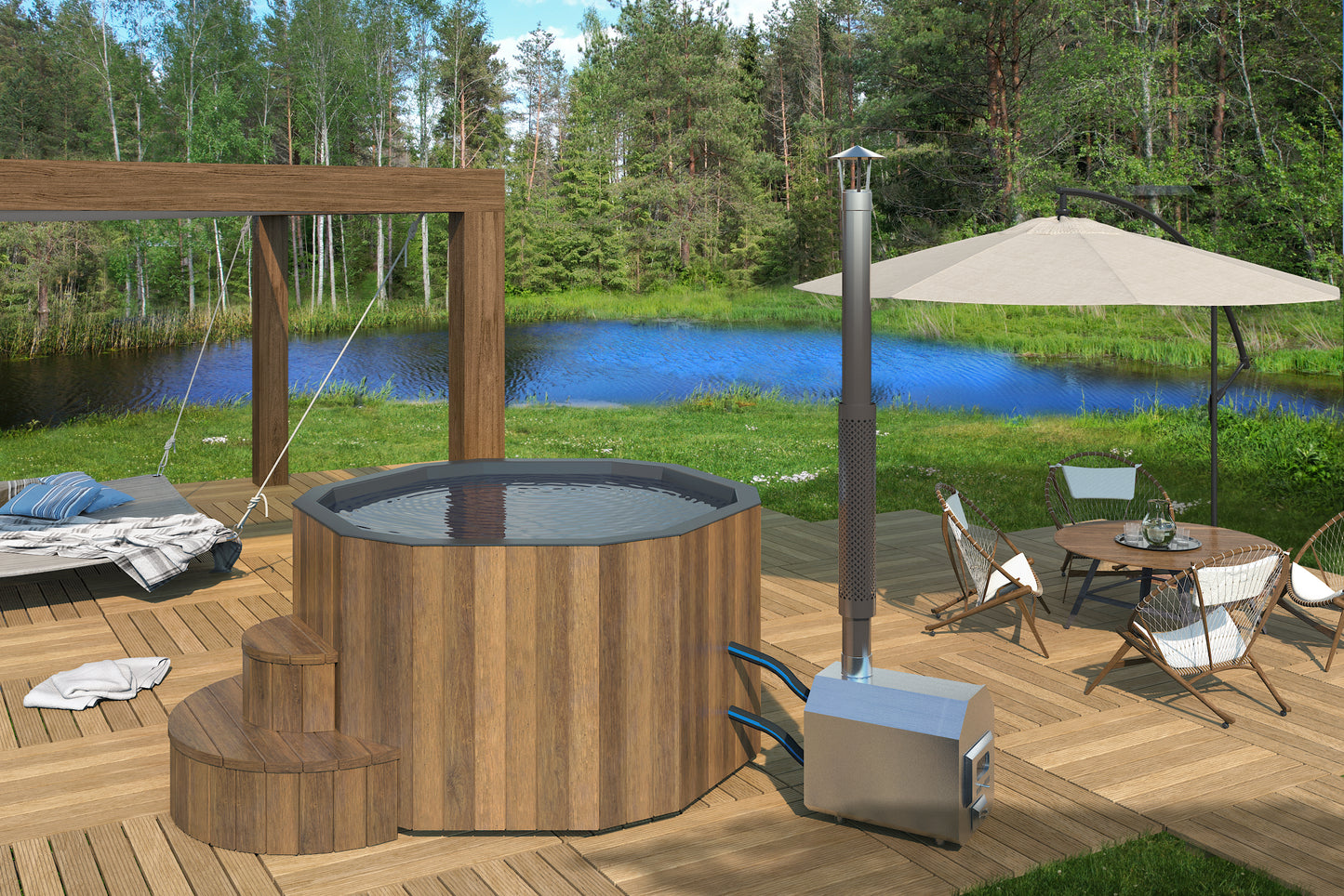 Badezuber Hexagon mit Außenofen