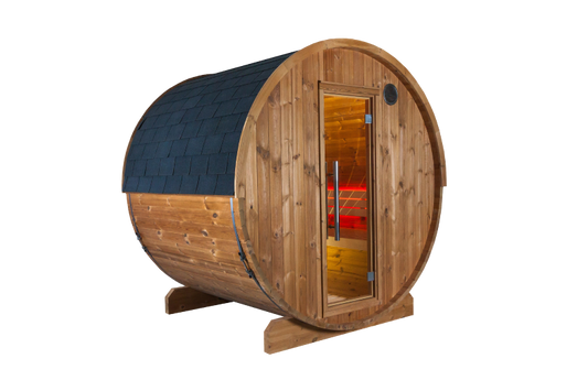 Bausatz Fasssauna KASKI 180 Halbglas-Panorama mit Holzverkleidung und moderner Eingangstür für entspannende Stunden.