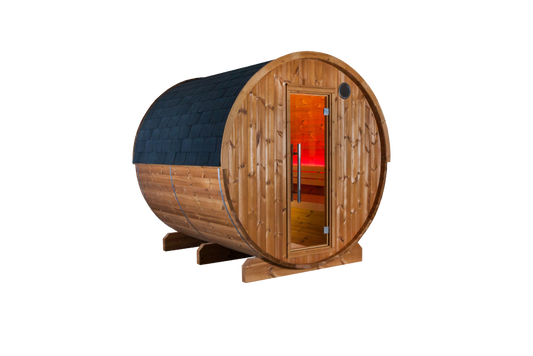 Bausatz Fasssauna KASKI 220 Halbglas-Panorama in hochwertigem Holz, ideal für entspannende Wellnessmomente.
