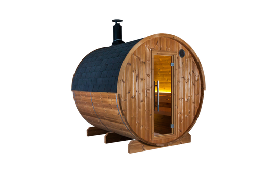 Bausatz Fasssauna KASKI 220 Halbglas-Panorama in Holzoptik für entspannende Saunaerlebnisse. Ideal für Garten und Wellness.