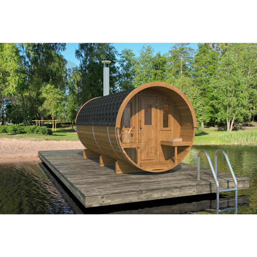 Bausatz Fasssauna Klassik 400 Thermoholz: stilvolle Sauna auf einem Steg, ideal für Entspannung in der Natur.