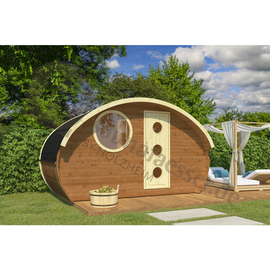 Fasssauna Ovaali für Elektro-Ofen: die perfekte Wellness-Oase für Ihren Garten mit harmonischen Formen und optimaler Wärme.