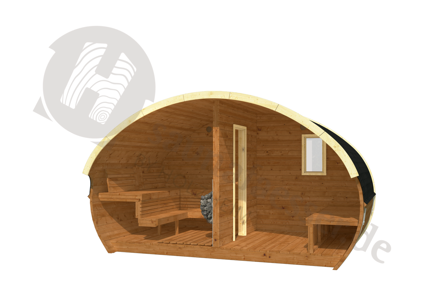 Fasssauna Ovaali für Elektro-Ofen: Ovales Design für Garten, harmonisch mit der Natur, perfekte Wellness-Oase.