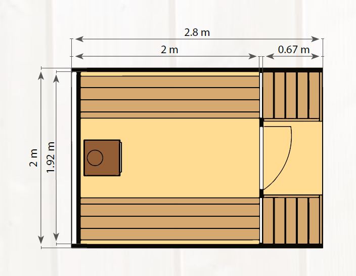 Fasssauna UNO 280 mit Terrasse: Entspannen Sie mit Außensitzen im eigenen Garten und genießen Sie Wohlbefinden pur.