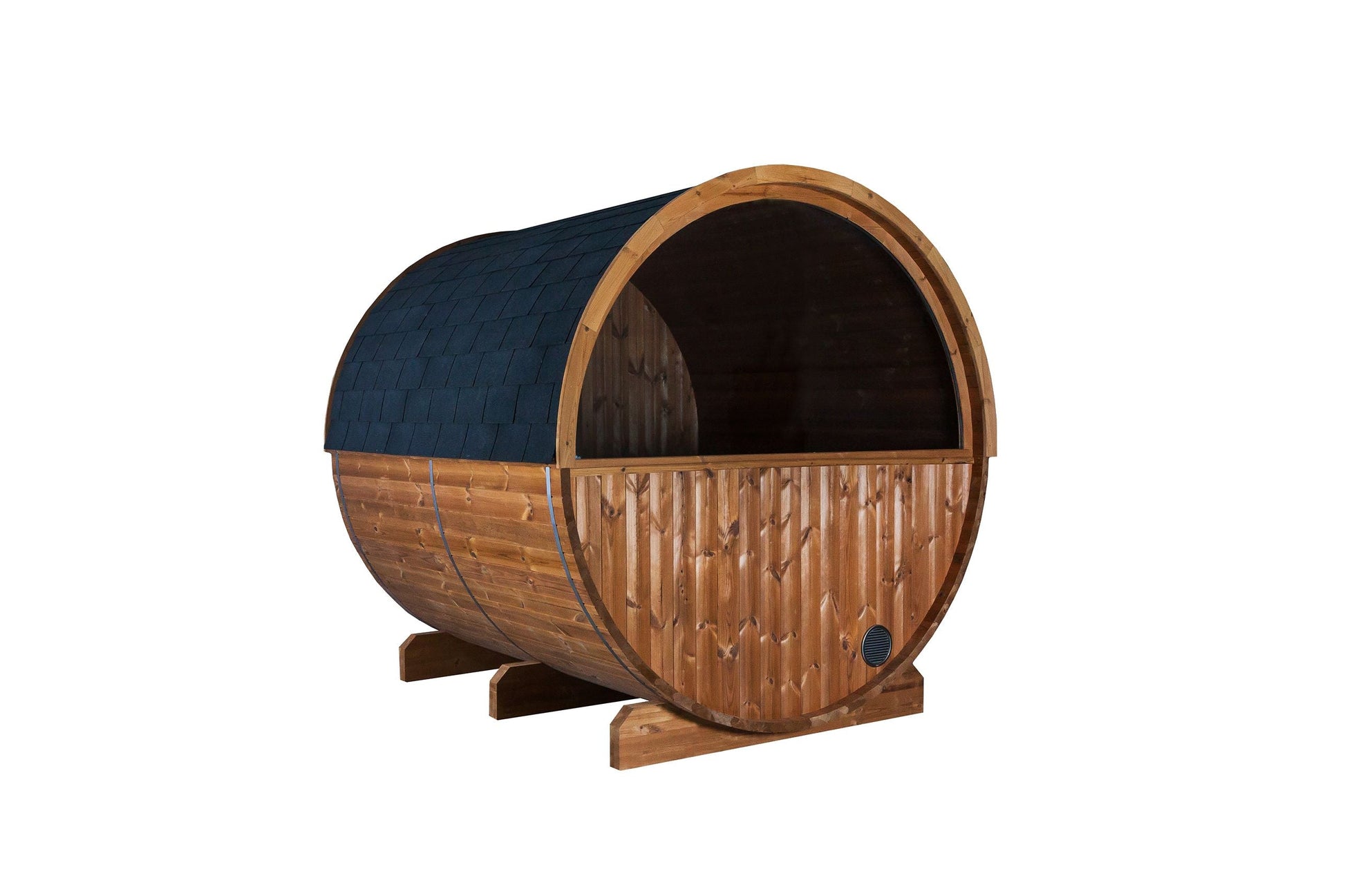 Bausatz Fasssauna KASKI 180 Halbglas-Panorama in elegantem Design für entspannende Saunamomente.