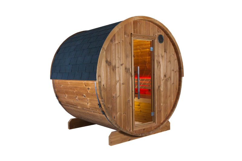 Bausatz Fasssauna KASKI 180 Halbglas-Panorama mit Holzverkleidung und moderner Eingangstür für entspannende Stunden.