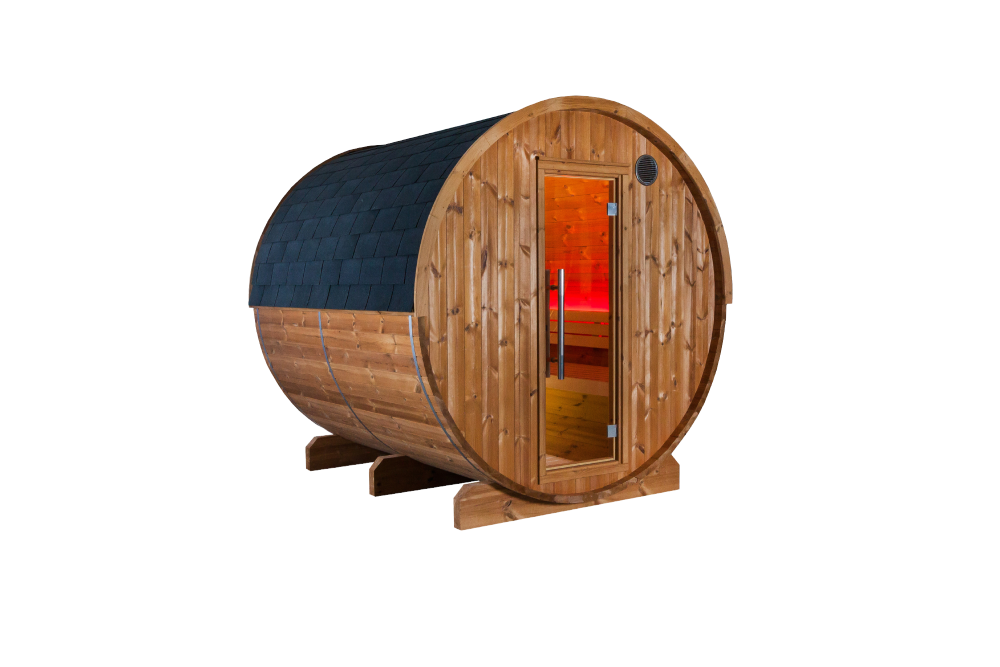 Bausatz Fasssauna KASKI 220 Halbglas-Panorama in hochwertigem Holz, ideal für entspannende Wellnessmomente.