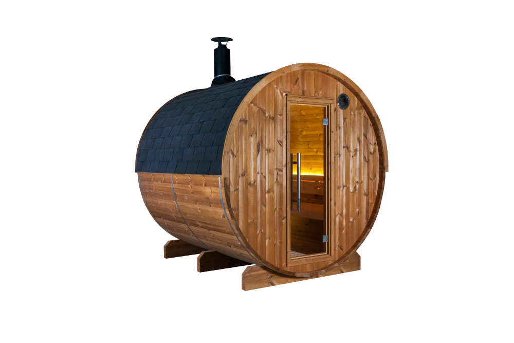 Bausatz Fasssauna KASKI 220 Halbglas-Panorama in Holzoptik für entspannende Saunaerlebnisse. Ideal für Garten und Wellness.